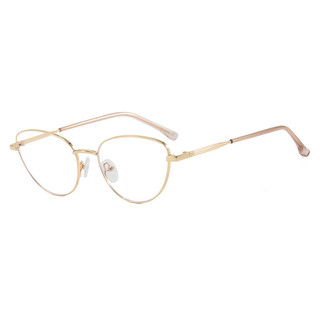 Modelo feminino, óculos triangulares com armação metálica e lentes em formato de olho de gato.   ASUU VPF1