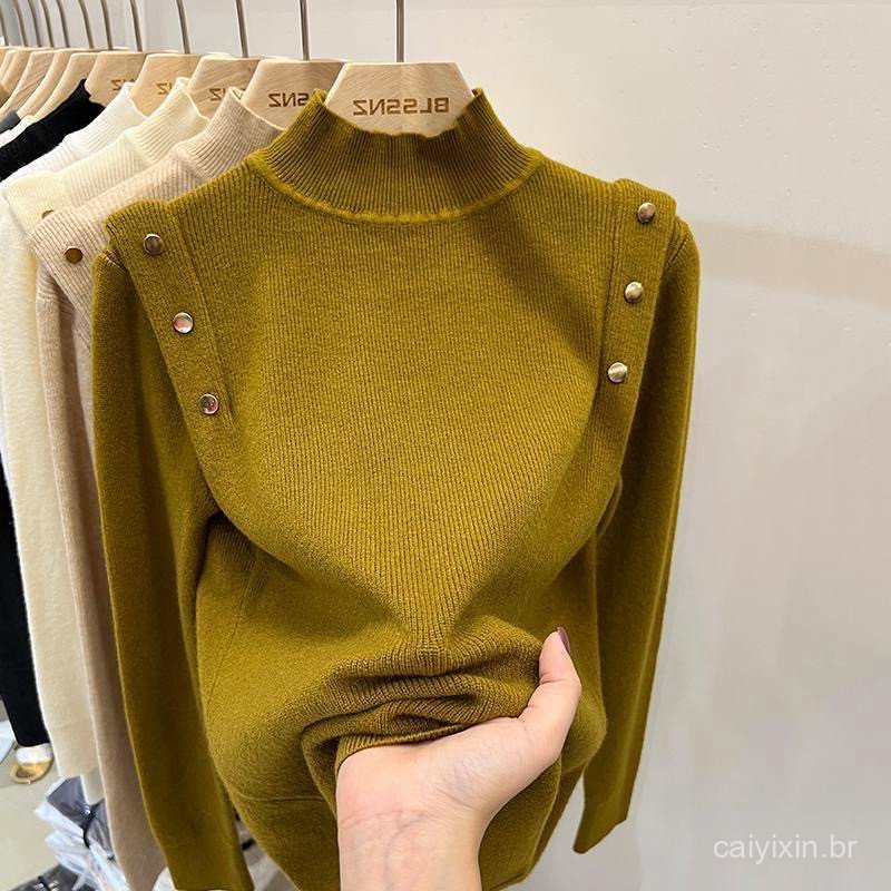 Camisola de manga comprida para mulher, modelo novo para o outono/inverno, moderna, versátil, com detalhes em botões, id