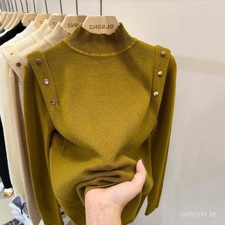 Camisola de manga comprida para mulher, modelo novo para o outono/inverno, moderna, versátil, com detalhes em botões, id