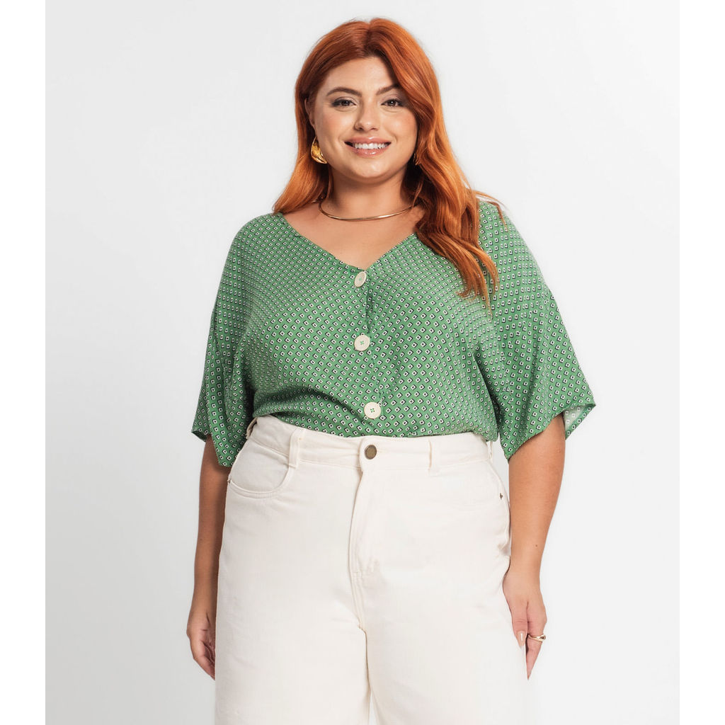 Camisa Feminina Plus Size Estampada Secret Glam Verde