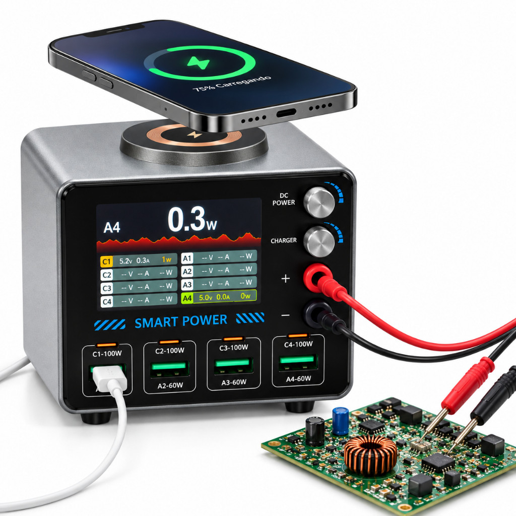 Fonte Carregador de Bancada WLX F4 140W USB C USB A DC Ajustável Wireless Bivolt Assistência Técnica