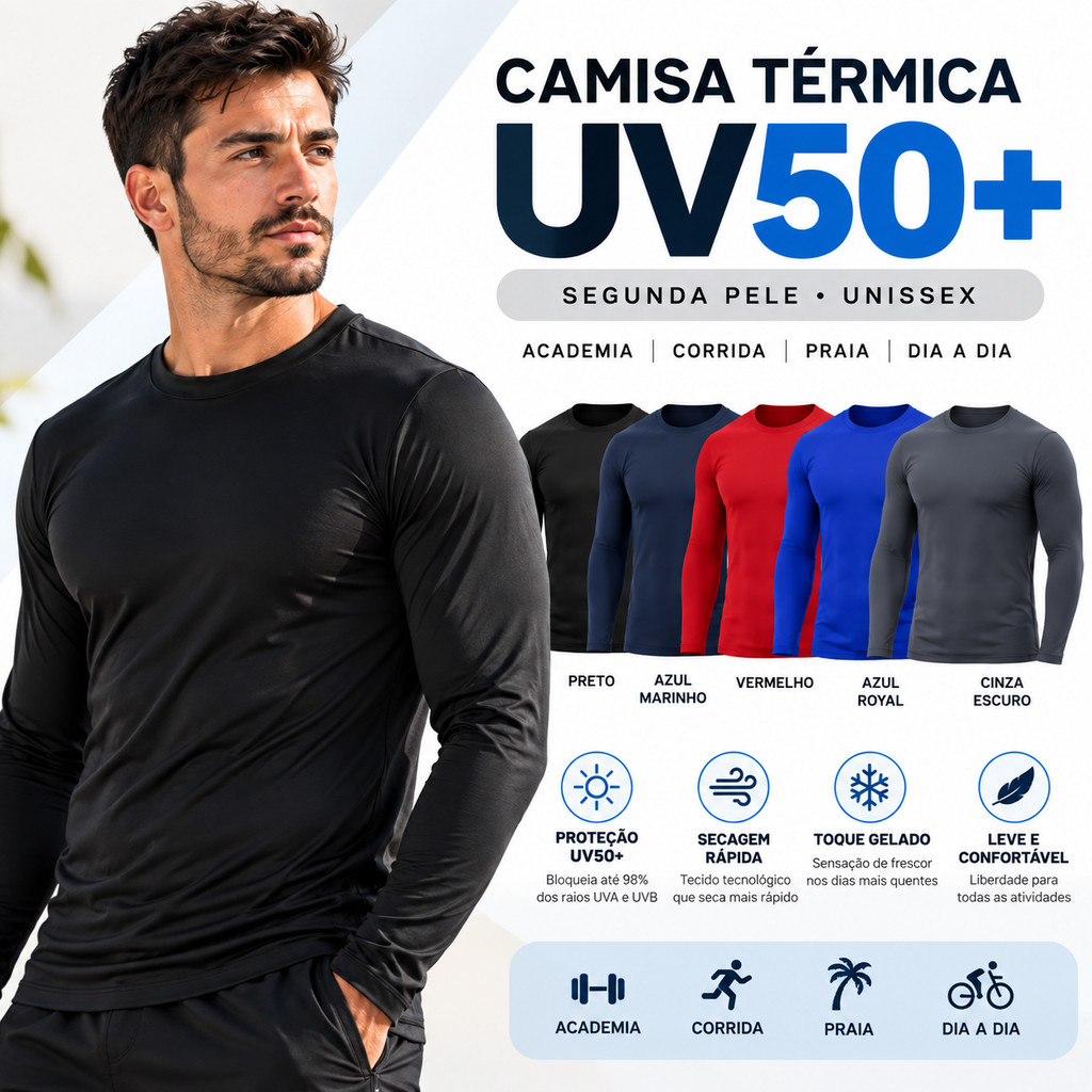 Camiseta Térmica Proteção Uv 50+ Segunda Pele Camiseta Unissex Academia Manga Longa Lisa