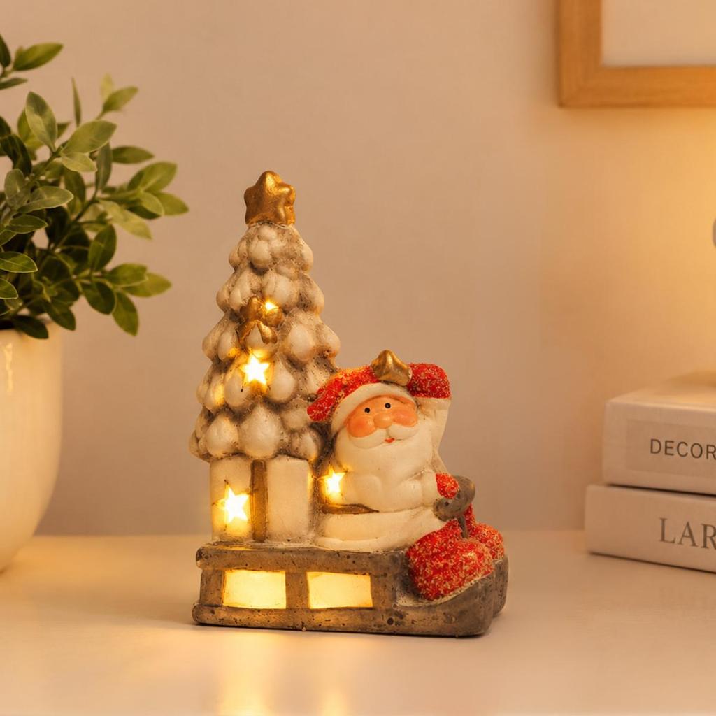 Enfeite de Natal Papai Noel em Cerâmica Trenó Iluminado 12cm