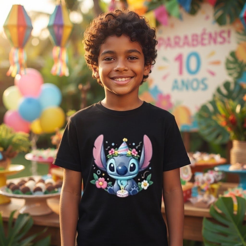 Camiseta Infantil Aniversário Festa Estampada Stitch Personagem Casual Confortável Dia a Dia Unissex