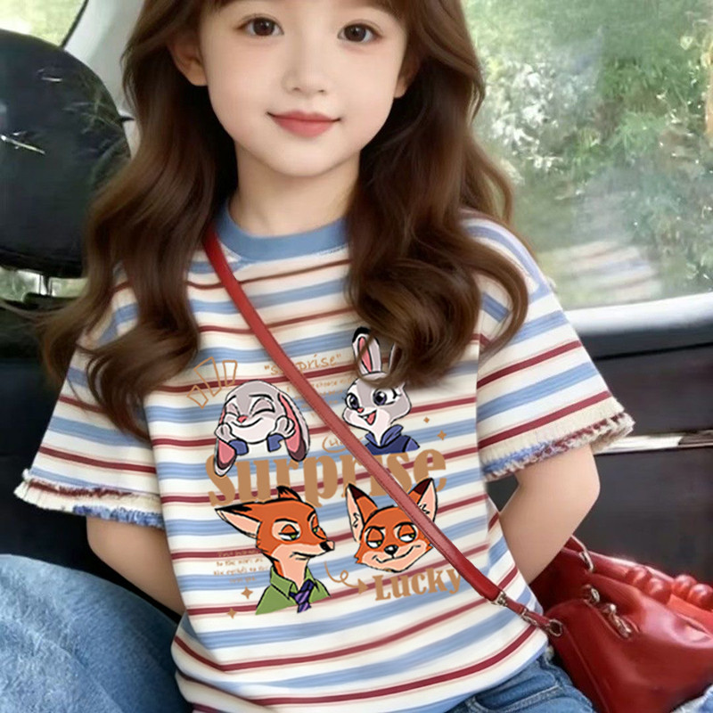Meninas cor combinando listrado algodão manga curta camiseta 2026 verão novo estilo médio grande crianças bebê Casual do