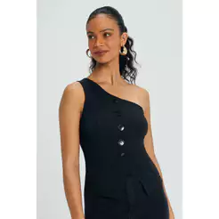 Blusa Feminina Assimétrica Com Botões Marialícia Preto