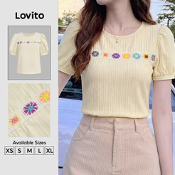 Lovito Blusa Feminina Khaki Boho De Manga Curta Gola Redonda Renda E Pregas Para Primavera/Verão Férias BLB201P1D790