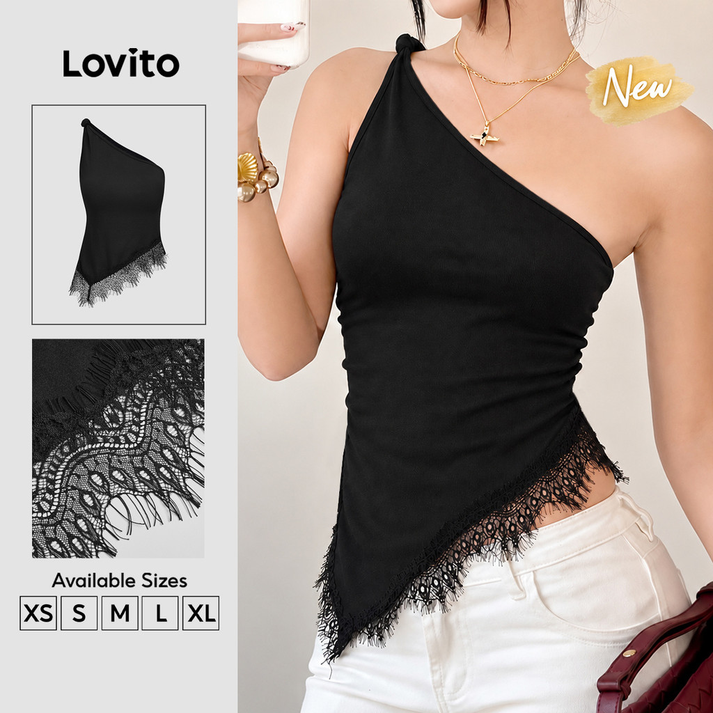 (New Arrival) Lovito Top Feminino Preto Casual Sem Mangas Decote assimétrico E Renda primavera/verão Fim De Semana Bordado TKK10P1D1199