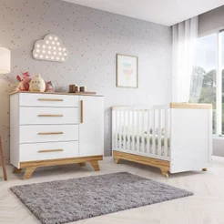 Quarto de Bebê com Berço 2 em 1 e Cômoda 1 Porta 100% MDF Jolie Retrô Yescasa Branco/Amêndoa Branco Brilho/Amêndoa