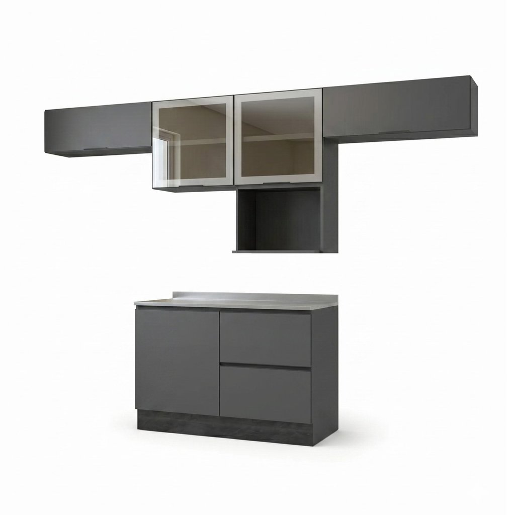 Cozinha Completa Modulada 5 Peças com Nicho para Micro-Ondas e Balcão para Pia sem Tampo Etna Grafite/Preto Grafite · foto 2