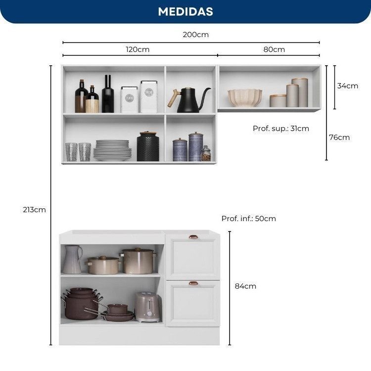 Cozinha Compacta Modulada Americana 3 Peças 6 Portas 2 Gavetas com Balcão para Pia Unna Yescasa Bran Não · foto 2