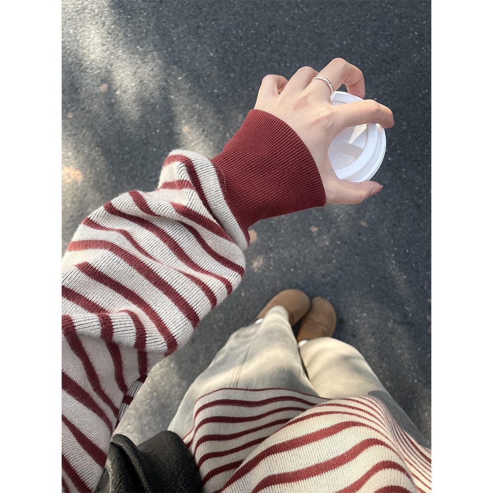 Estilo preguiçoso vermelho listrado de manga comprida camiseta feminina primavera outono novo estilo pequeno estilo core