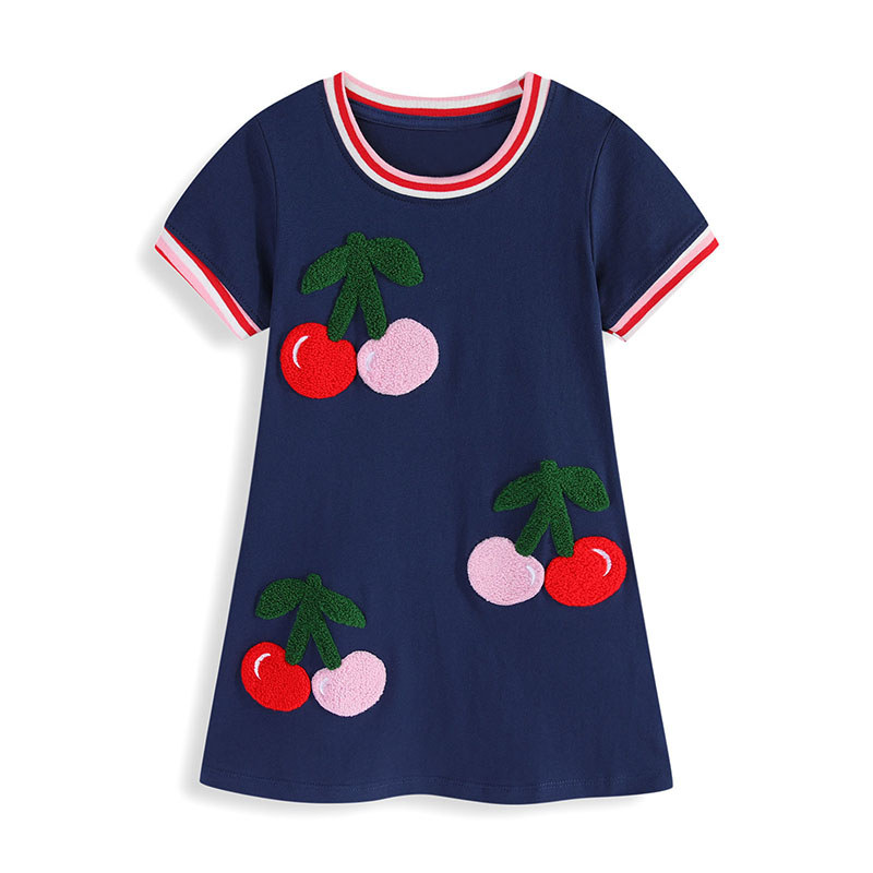 Verão meninas vestido de manga curta bonito dos desenhos animados tridimensional cereja bordado magro listrado crianças