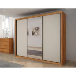 Guarda-Roupa Casal com Espelho 100% MDF 3 Portas de Correr 6 Gavetas Cinamomo/Fendi Vegas Cumaru Fendi