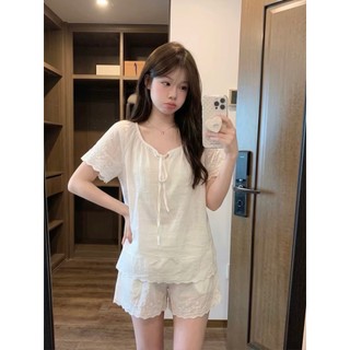 Doce menina renda branca costura pijamas de manga curta feminino 2026 verão novo estilo Plus Size Shorts Homewear terno