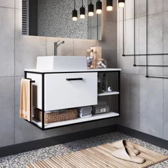 Gabinete Suspenso para Banheiro 80cm com Cuba Branco/Preto Preto/Branco