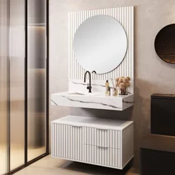 Conjunto para Banheiro Bancada em Porcelanato com Cuba Esculpida, Armário e Espelho Ripy 80cm Yescas Branco