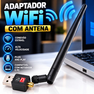 Adaptador Wi-Fi USB com Antena Externa para PC e Notebook Receptor de Sinal Wireless