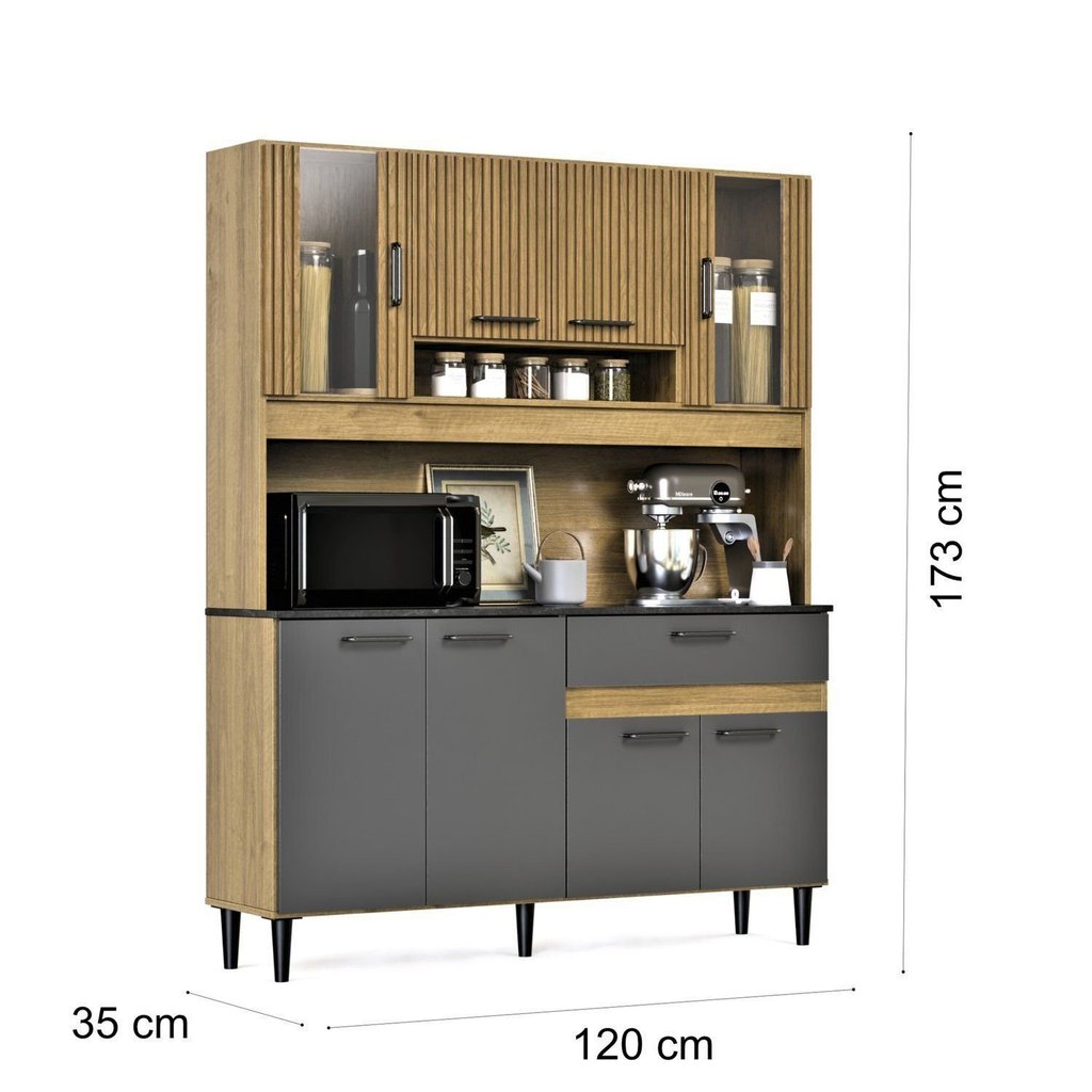 Kit Cozinha 120cm com Balcão e Aéreo Ripado Coral Grafite Ripado/Grafite — imagem 2 de 2