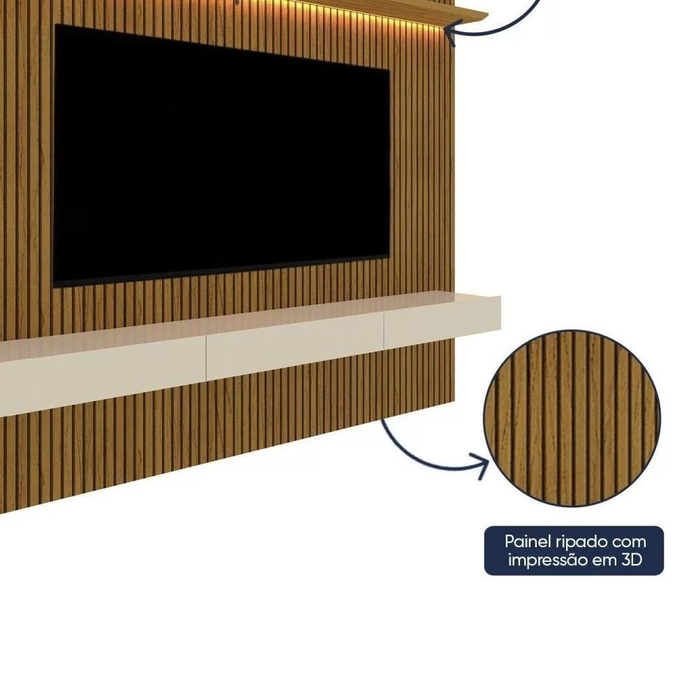 Painel para TV até 90 Polegadas com LED 100% MDF 224CMX250CM Impressão Ripada com Gaveta Requinte Marrom Naturale · foto 2