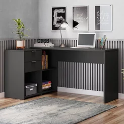 Escrivaninha Mesa Escritório em L Office Nt 2060 2 Gavetas 3 Nichos 148,6cm Preto Tx Preto Tx