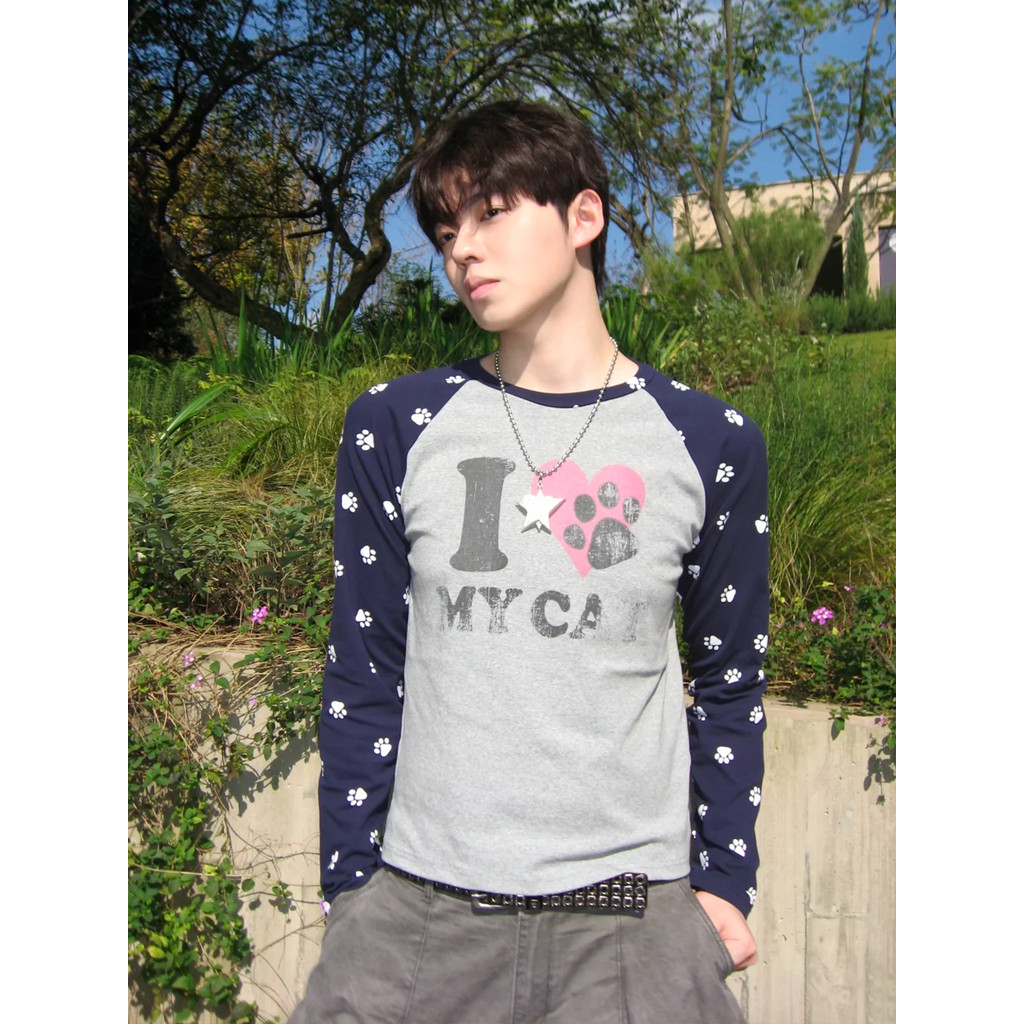 Amor gato impressão costura Raglan manga comprida camiseta das mulheres dos homens primavera outono americano Retro solt