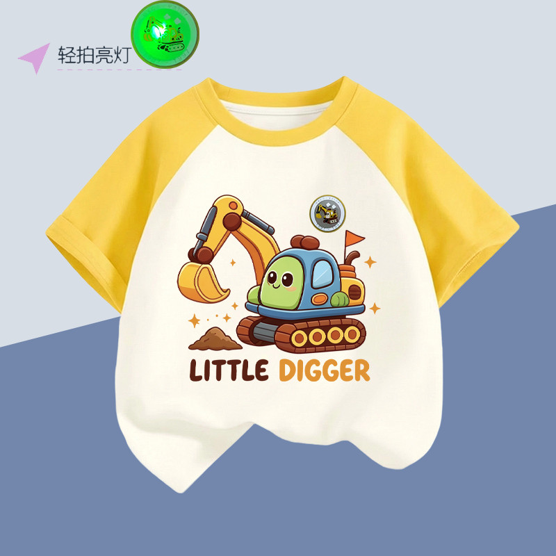 Escavadeira de desenhos animados do bebê camiseta de manga curta verão 2026 novo estilo crianças bonito moda menino roup