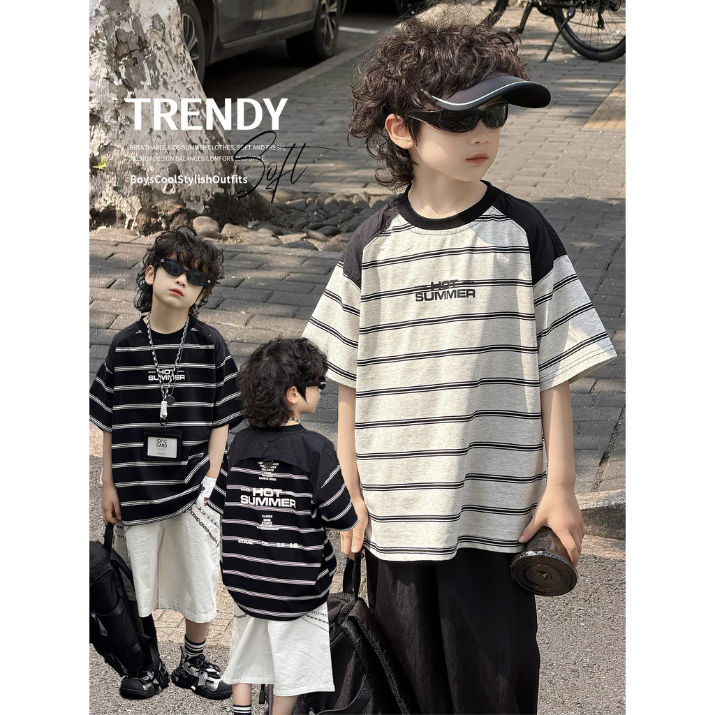 Meninos de manga curta listrado camiseta verão 2026 novo estilo médio grande crianças bonito impresso algodão topos cria