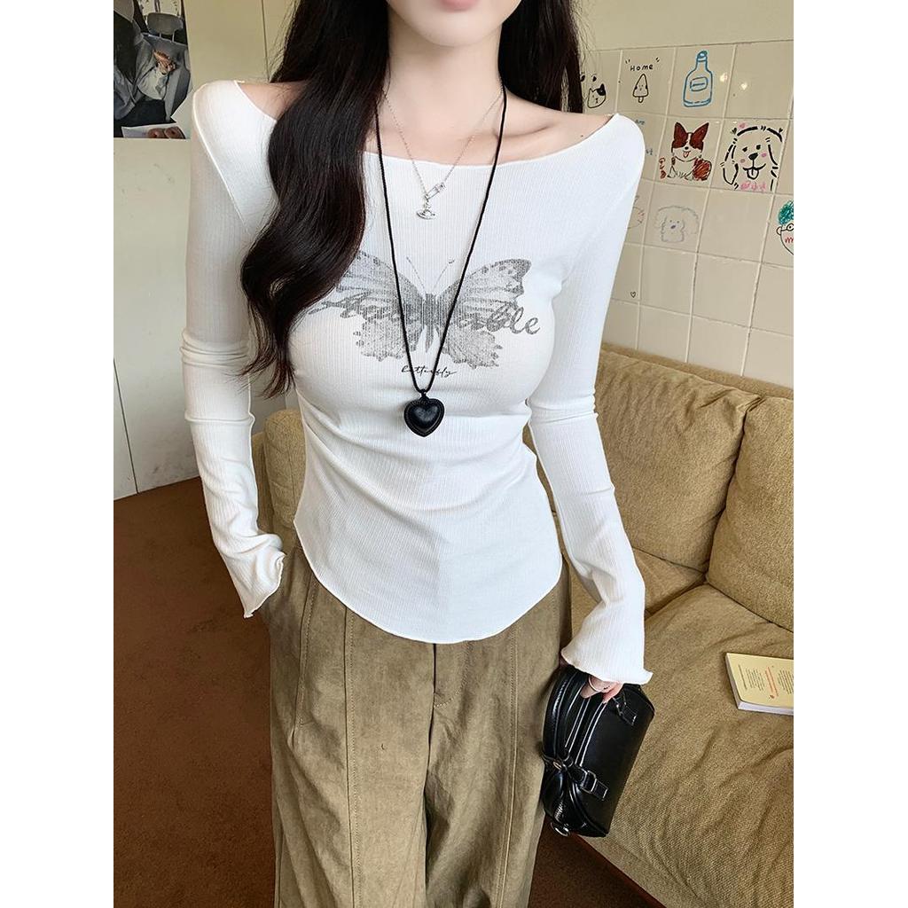 Doce quente menina pescoço plano borboleta impressão de manga comprida camiseta feminina primavera outono 2024 Design se