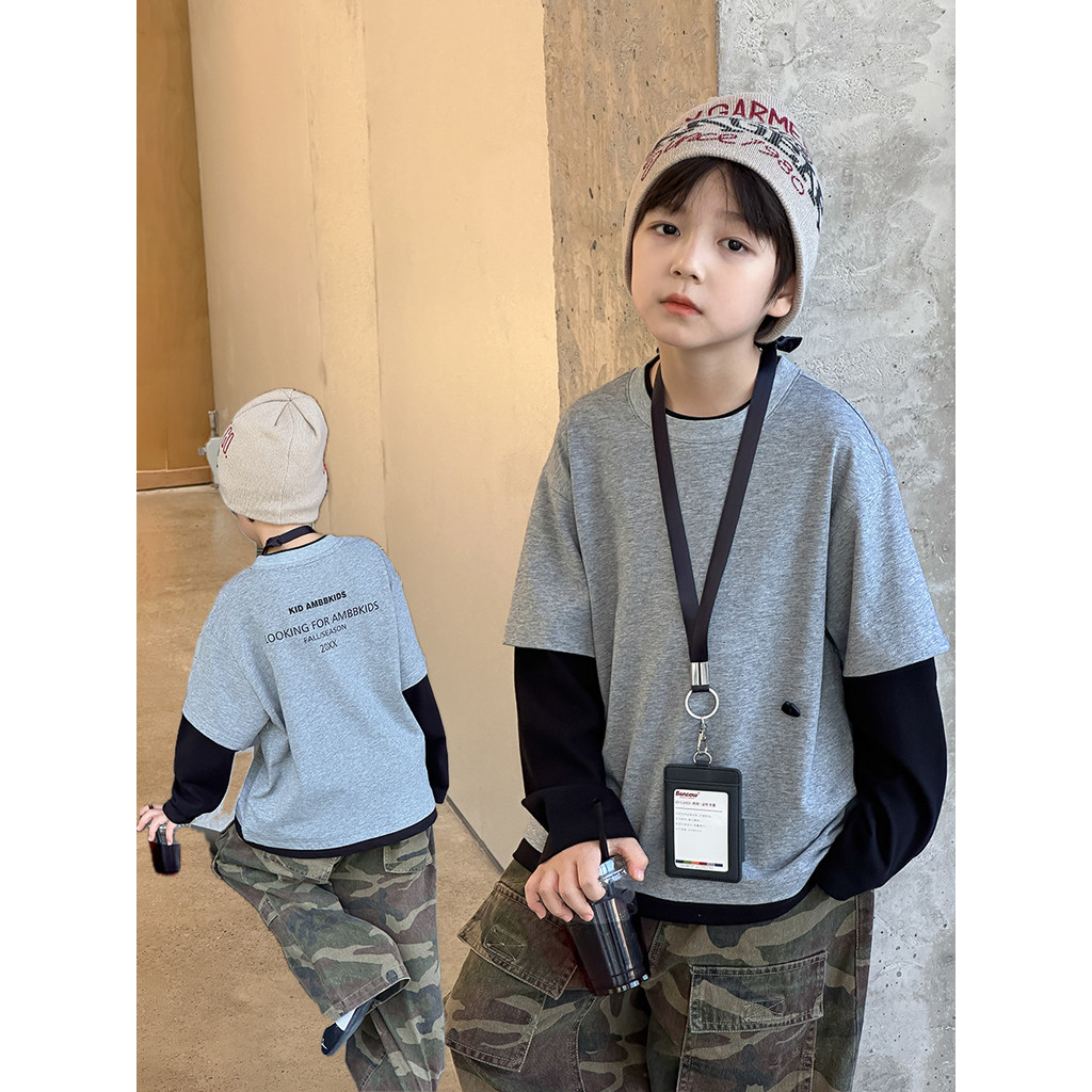 Yiyi mãe meninos cor-bloqueando algodão falso de duas peças de manga comprida camiseta crianças roupas de outono bebê so