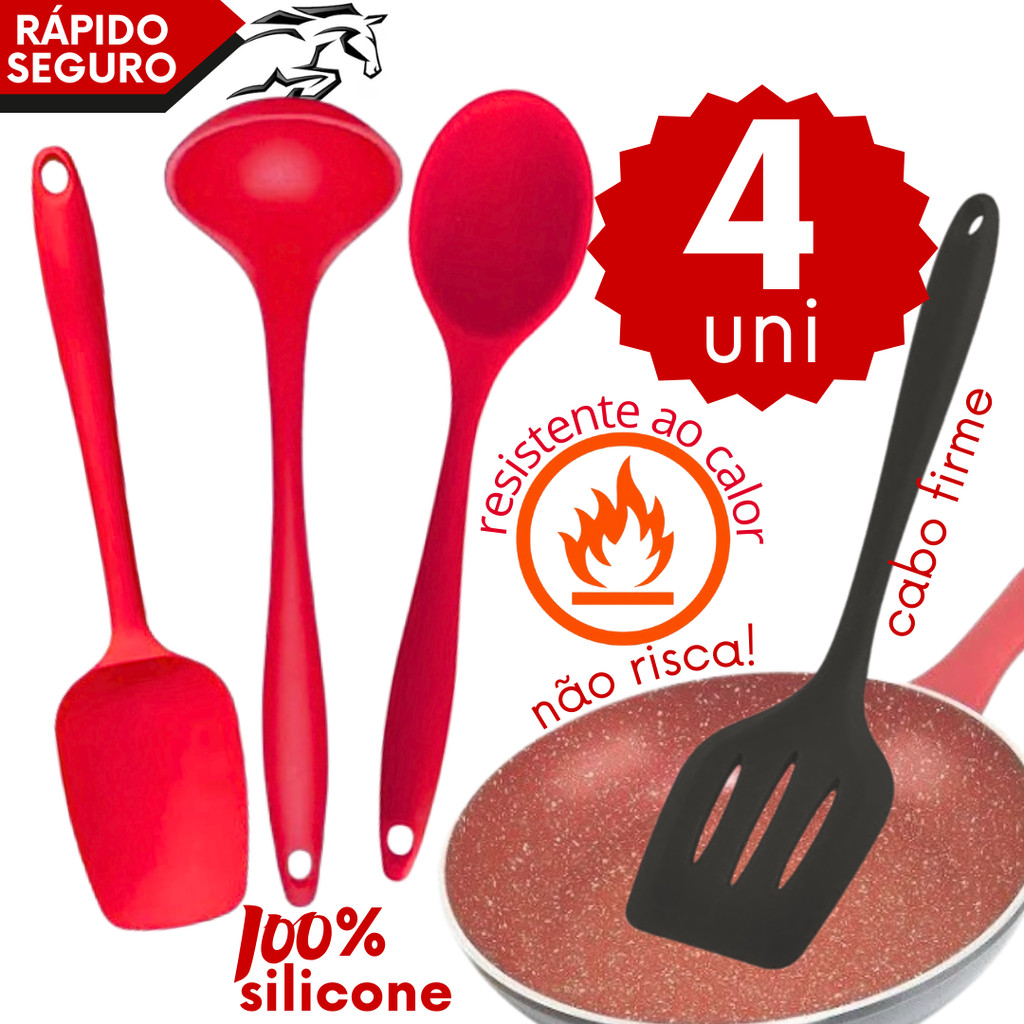 Kit Utensílios de Silicone Concha Espátulas Colher Ideal para Panelas Teflon