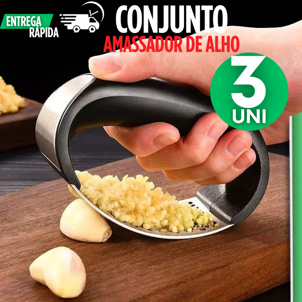 Jogo Kit 3 Espremedor de Alho em Aço Inox Triturador Amassador Alho Manual Para Cozinha e Alimentos