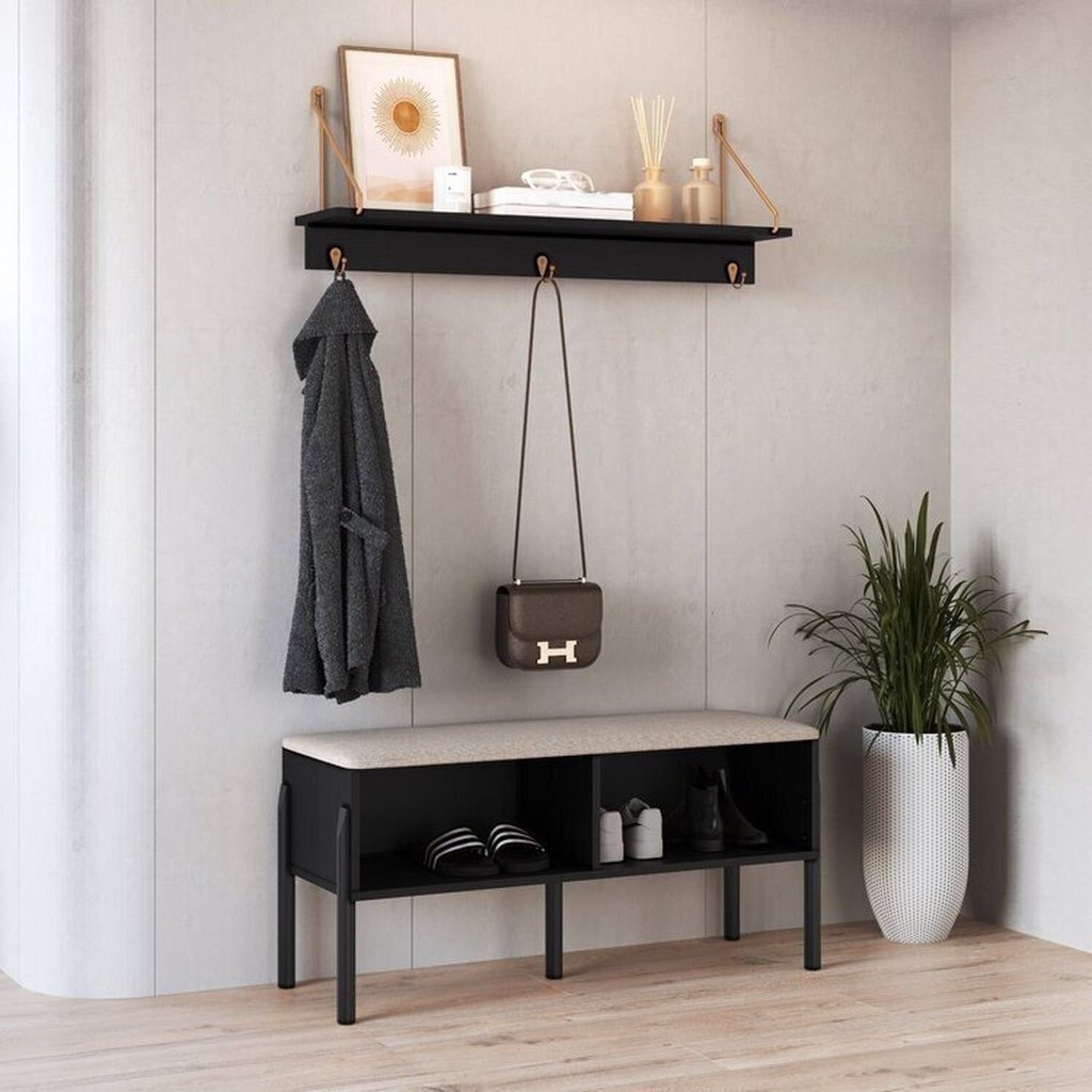 Conjunto Sapateira Banco Estofada e Prateleira Pé Madeira Oslo Nero/Preto Nero/Preto