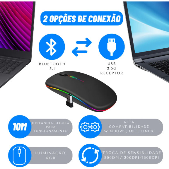 Mouse sem fio dual band receptor nano 2,4ghz / Bluetooth RGB recarregável Ergonômico