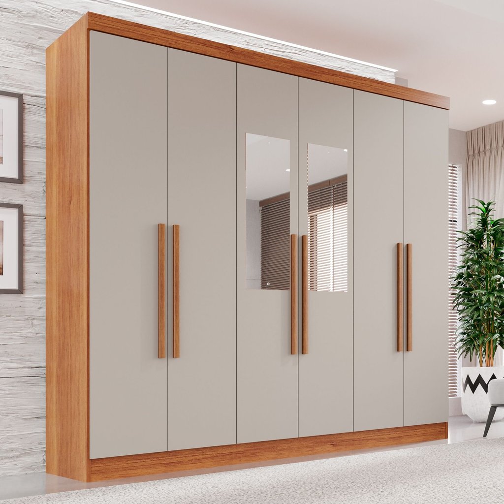 Guarda-roupa Casal com Espelho 6 Portas 2 Gavetas França Cinamomo/Off White