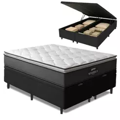 Cama Box Baú Casal King Gazin Colchão Molas Ensacadas Pillow Top Maximus 193x203x69cm Cinza/Preto