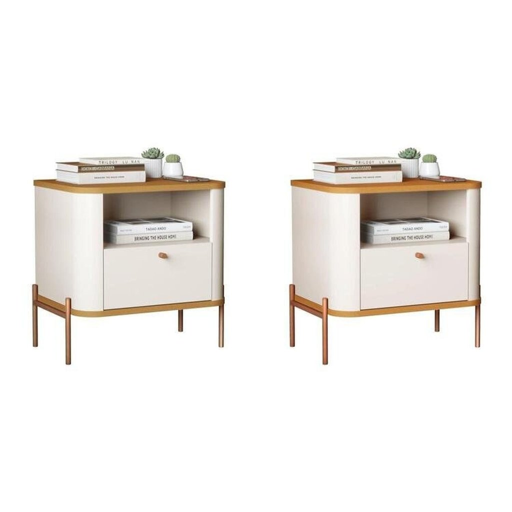 Conjunto com 2 Mesas de Cabeceira Curva 1 Gaveta e 1 Nicho Pés e Puxadores em Metal 45cm Tucupí em Oferta na Shopee