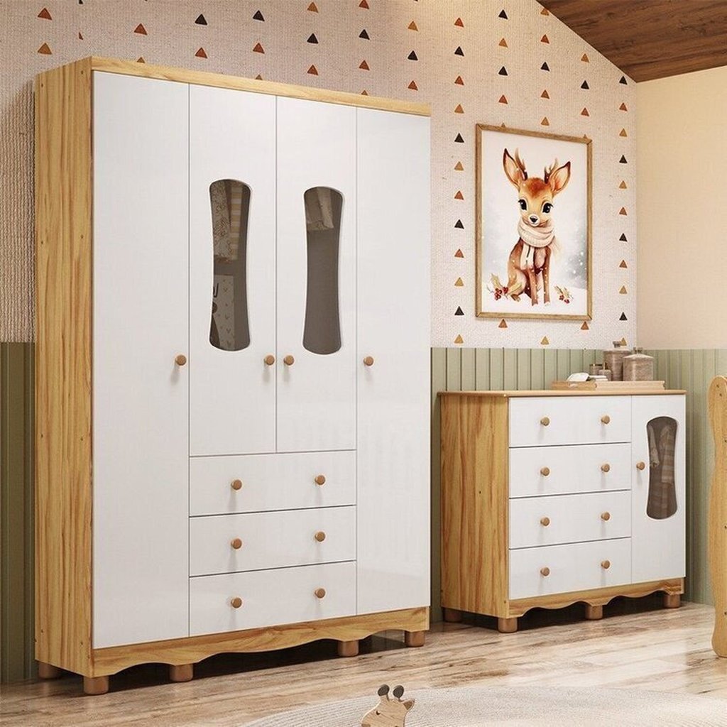 Quarto Infantil com Guarda-roupa 4 Portas e Cômoda com Janelas 100% Mdf Lana Espresso Móveis Branco Brilho/Amêndoa em Oferta na Shopee