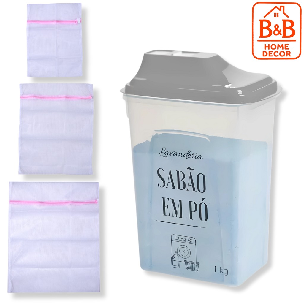 Super Kit Lavanderia B&B: Porta Sabão + Trio de Sacos para Máquina de Lavar