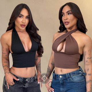 Blusa Feminino Top Cropped Com Amarraçao Multiformas Decote Forado Festa Moda Gringa Decotado Suplex Premium Moda 2025