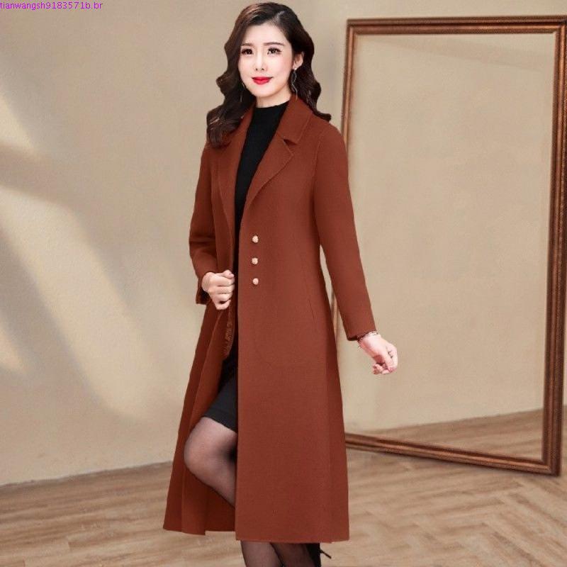 Sobretudo Feminino Casaco de lã Longos Topos De Cor Lisa Para Frio De Inverno Casual Plus size Moda Elegante Slim Fit