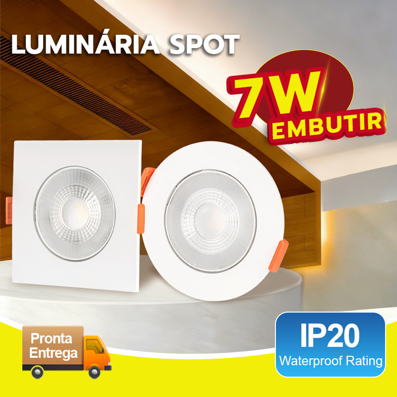 Kit 5~20 Luminária Spot LED 7W Direcionável Quadrado/Redondo Embutir Bivolt Luz Fria/Quente/Neutra Econômico Durável