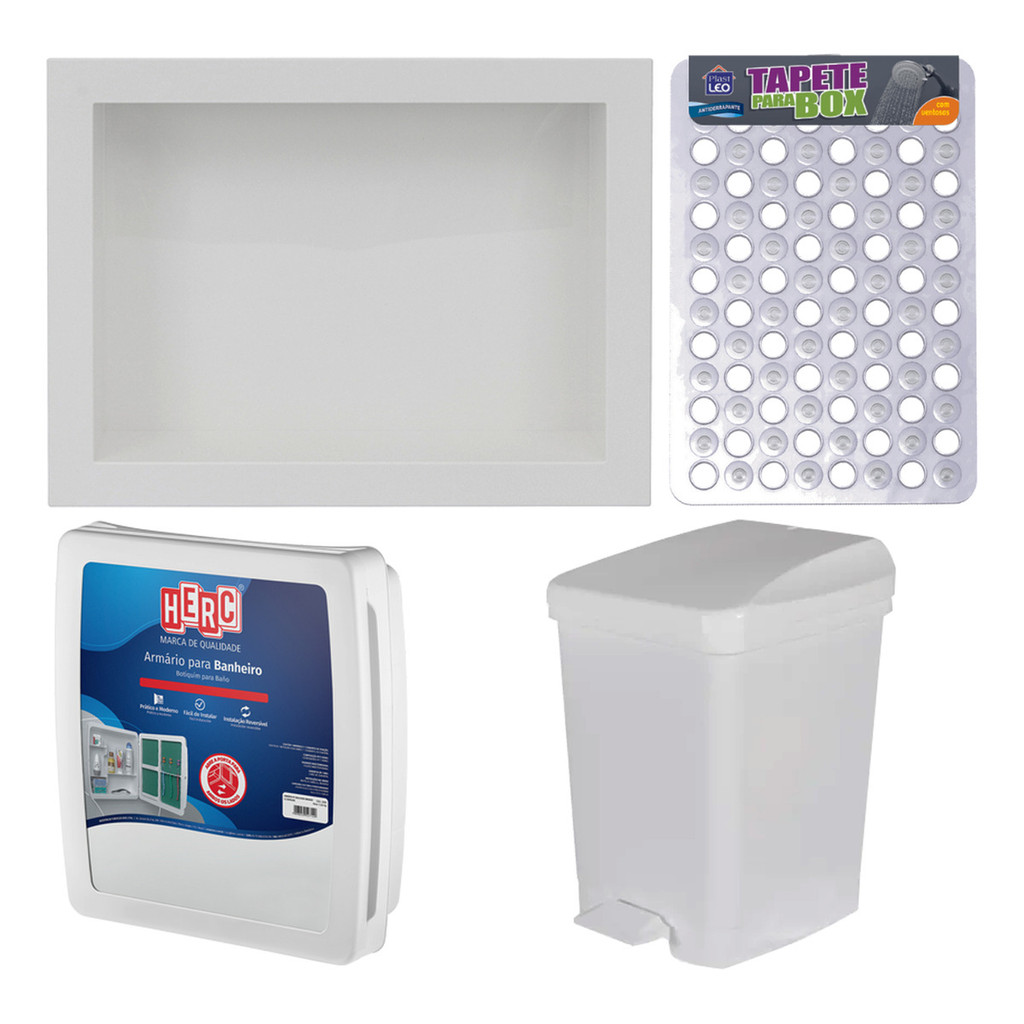 Kit Banheiro Pvc Branco Nicho Embutir Lixeira Tapete Armário