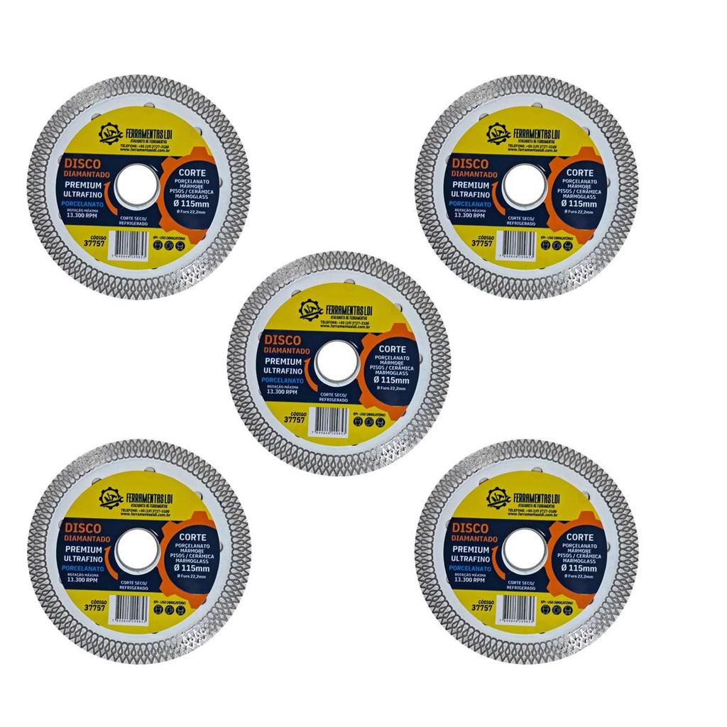 Kit 5 Disco Diamantado 115mm Corte Porcelanato Ultra Fino Ldi