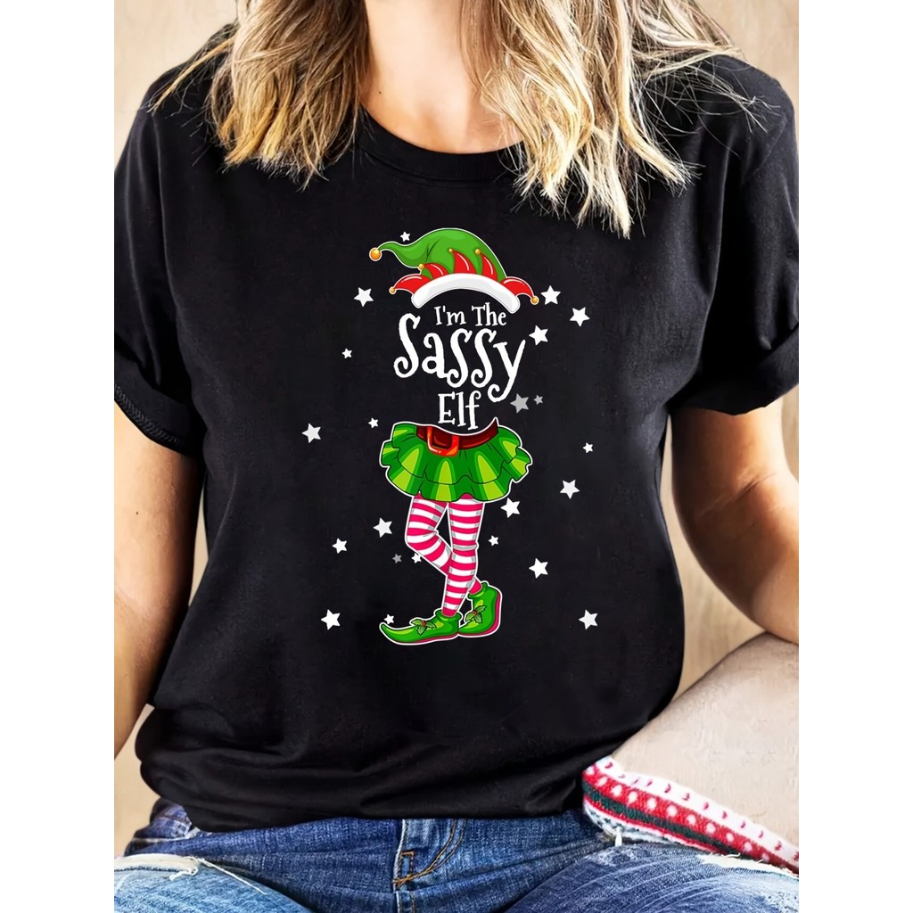 Camiseta Feminina Sassy Elf Duende Travesso Natalino Festivo Lettering Estampada Confortável Divertida Estilosa Moda