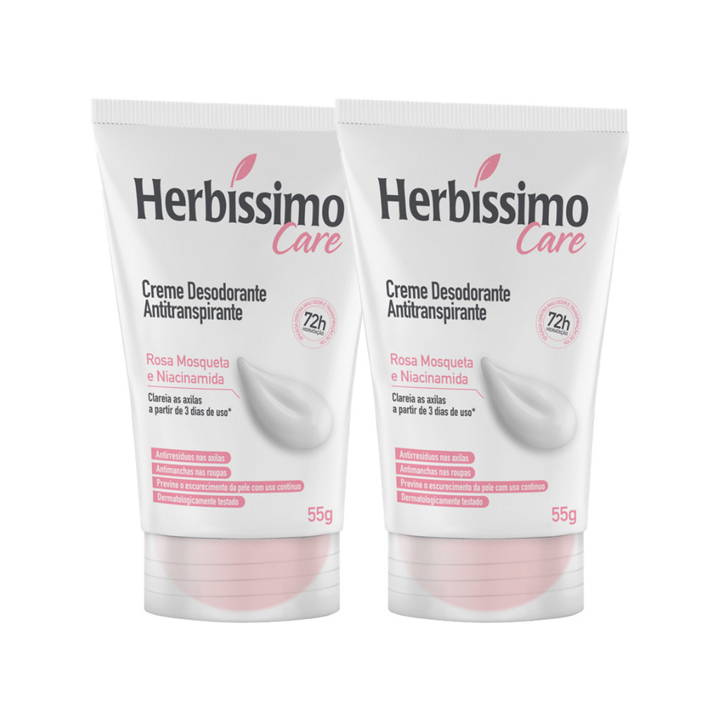 Kit C/2 Creme Desodorante Antitranspirante Herbíssimo Care Rosa Mosqueta e Niacinamida 55g