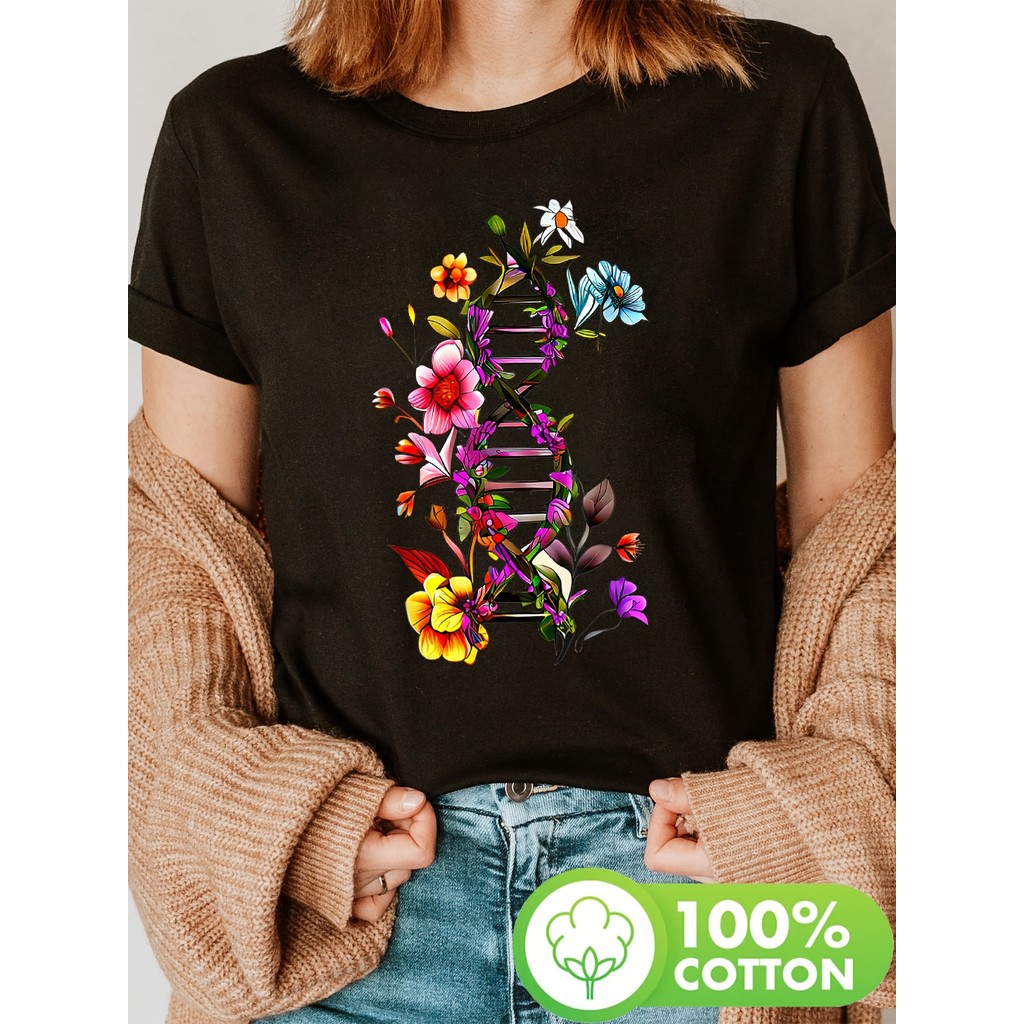 Camiseta Feminina DNA Dupla Hélice Botânica Científica Estampada Vibrante Confortável Linda Moderna Moda Primavera