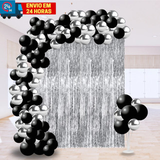 Kit c/ 102 pcs 50 Balão Latex Liso Preto 9" + 50 Bexiga Cromado Prata 5" + 2 Cortinas Prata em Oferta na Shopee