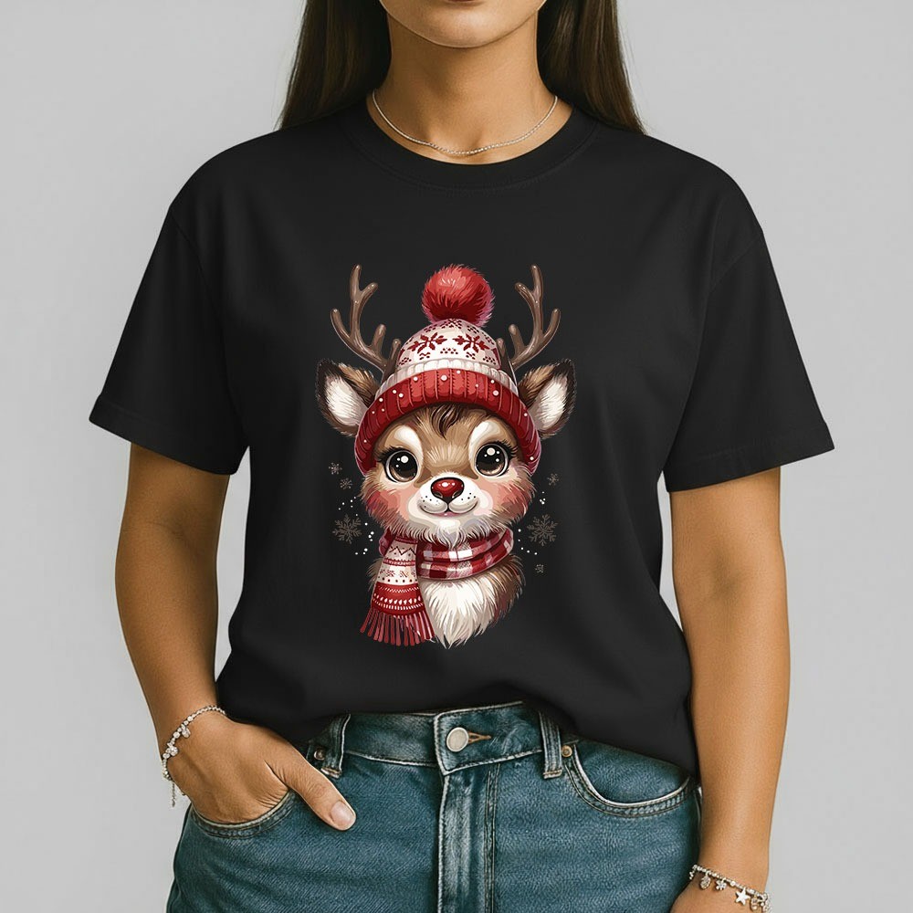 Camisa Feminina Natalina Rena com Gorro 100% Algodão Camiseta Fofa Merry Christmas