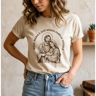 Camiseta Católica Sagrada Família Jesus Maria e José Camisa Cristã Unissex Algodão Envio Imediato